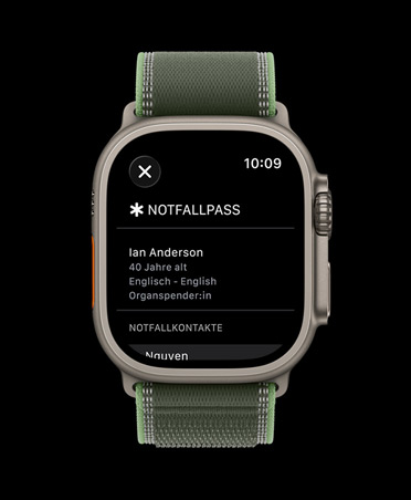 Apple Watch Ultra 3, Farbe Natur, Titangehäuse, Notfallpass Display, Trail Loop, Farbe Grün/Neon