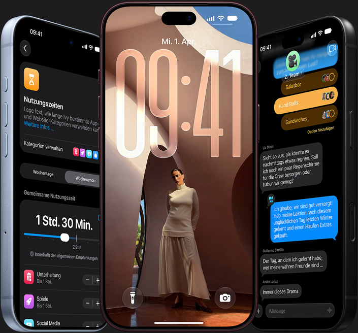 Siri AI - iPhone 18 Pro on the left, angled, Glacier color showing Siri image generation; iPhone 18 Pro Burgundy in the center, displaying a lock screen; iPhone 18 Pro on the right, black, angled, showing an Ask Siri query about complementary tablecloth covers