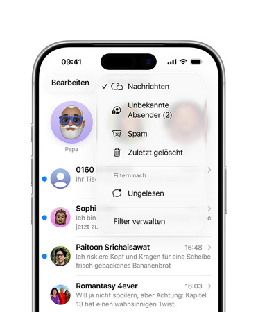 Die oberen zwei Drittel eines iPhone, das Display zeigt die Nachrichten App mit dem neuen Overlay der Menüfunktion für Filterfunktionen