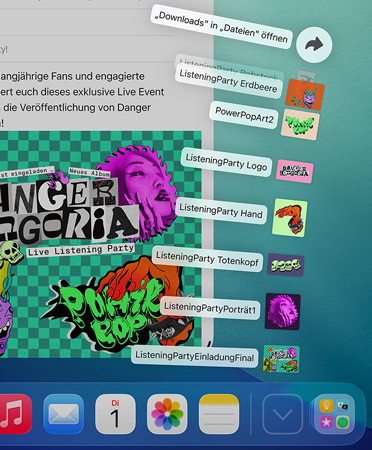 Nahaufnahme des Docks am unteren Bildschirmrand mit einer Reihe von Dateien, die vertikal aus dem Dock herausgefächert werden