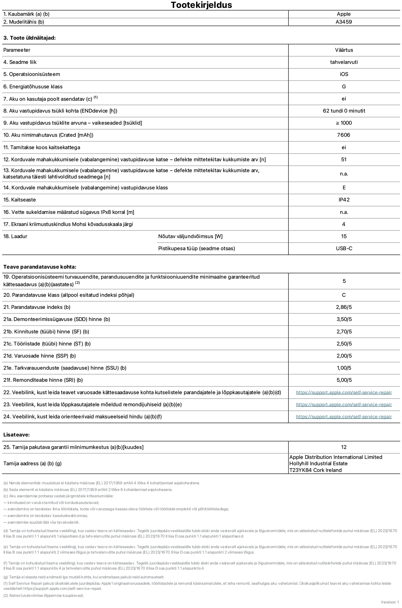 11-tollise iPad Air WiFi, mudeli A3459 toote infoleht. Tarnija on Apple Distribution International Limited, Hollyhill Industrial Estate. Cork, Iirimaa T23 YK84. Seadme tüüp: tahvelarvuti. Operatsioonisüsteem: iOS. Energiatõhususklass: G. Aku vahetatav kasutajale: ei. Aku vastupidavus tsükli kohta: 62 tundi. Aku kestvustsüklid – vaikesätted: suurem kui või võrdne 1000-ga. Akumaht: 7606 mAh. Tarnitakse kaitsekattega: ei. Korduv vabalangemise usaldusväärsustest – kukub ilma defektita: suurem kui või võrdne 51-ga. Korduv vabalangemise usaldusväärsustest – kukub ilma defektita täielikult väljaulatatuna: pole kohaldatav. Korduv vabalangemise usaldusväärsusklass: E. Tolmu- ja veekindluse kaitse hinnang: IP42. Määratud iPx8 sukeldumissügavus vees: pole kohaldatav. Ekraani kriimustuskindlus Mohsi kõvaduse skaalal: 4. Laadija nõutav väljundvõimsus: 15 W. Laadija tüüp (seadmel): USB-C. Opsüsteemi turva-, korrektiiv- ja funktsionaalsusvärskenduste minimaalne tagatud saadavus: 5 aastat. Parandatavusklass: C. Parandatavusindeks: 2,86/5. Lahtivõtmise sügavuse (SDD) hinne: 3,50/5. Kinnitusdetailide hinne: 2,70/5. Tööriistade hinne: 2,50/5. Varuosade hinne: 2,00/5. Tarkvaravärskenduste hinne: 1,00/5. Parandusteabe hinne: 5,00/5. Teave varuosade kättesaadavuse kohta professionaalsetele parandajatele ja lõppkasutajatele: https://support.apple.com/self-service-repair. Parandusjuhised lõppkasutajatele: https://support.apple.com/self-service-repair. Soovituslikud maksueelsed hinnad: https://support.apple.com/self-service-repair. 12-kuune üldgarantii.