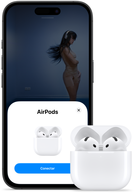 Un estuche de carga abierto con unos AirPods 5 en su interior, al lado un iPhone donde se muestra que están conectados.