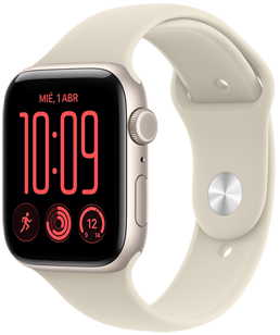 Apple Watch SE 3, caja de aluminio, color blanco estrella, esfera Modular, complicaciones: fecha y hora, Entrenos, anillos de Actividad, temperatura, lateral derecho, Digital Crown, botón lateral, correa deportiva, color arena