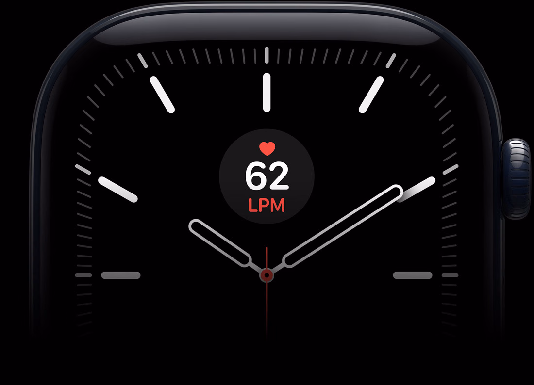 Apple Watch Series 12, caja de aluminio, color negro, esfera Meridiano con una complicación de Frecuencia Cardiaca, lateral derecho, Digital Crown
