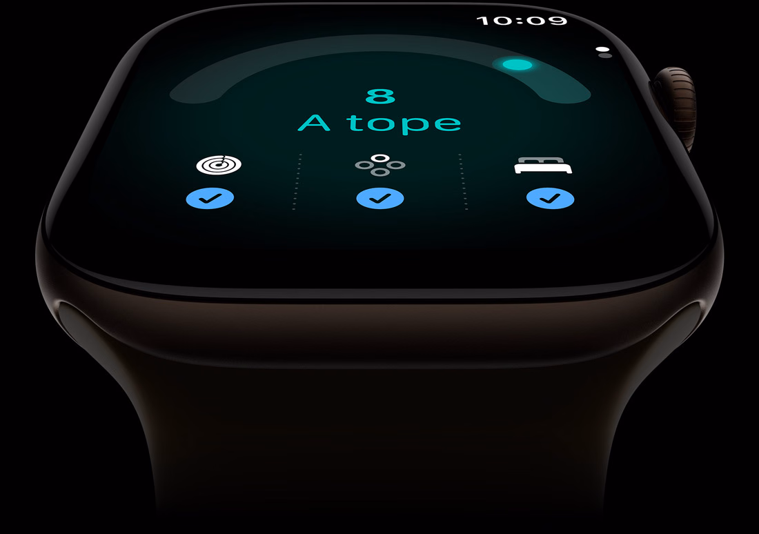 Apple Watch Series 12, caja de aluminio, color bronce oscuro, puntuación de disposición de 8, lateral derecho, Digital Crown, correa deportiva, color verde oliva