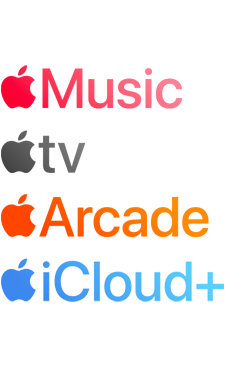 Logoer for Apples abonnementstjenester, blant annet Apple Music, Apple TV, Apple Arcade og iCloud+.