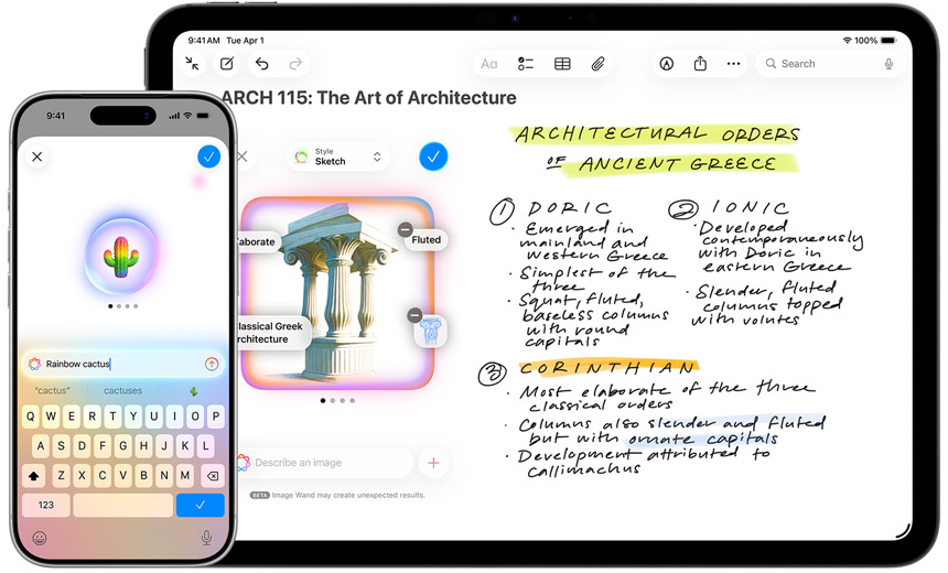 iPhone og iPad viser Genmoji som lager en regnbuekaktus og Bildemagi som forvandler en skisse til en mogulpaviljong.