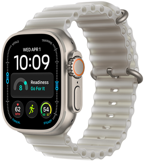 Apple Watch Ultra 4, titanboett, naturlig finish, urtavlan Moduler, komplikationer: dag och datum, dagsform, puls, löpträning, väder, höger sida, Digital Crown, upphöjd sidoknapp, havsband i genomlyst grå