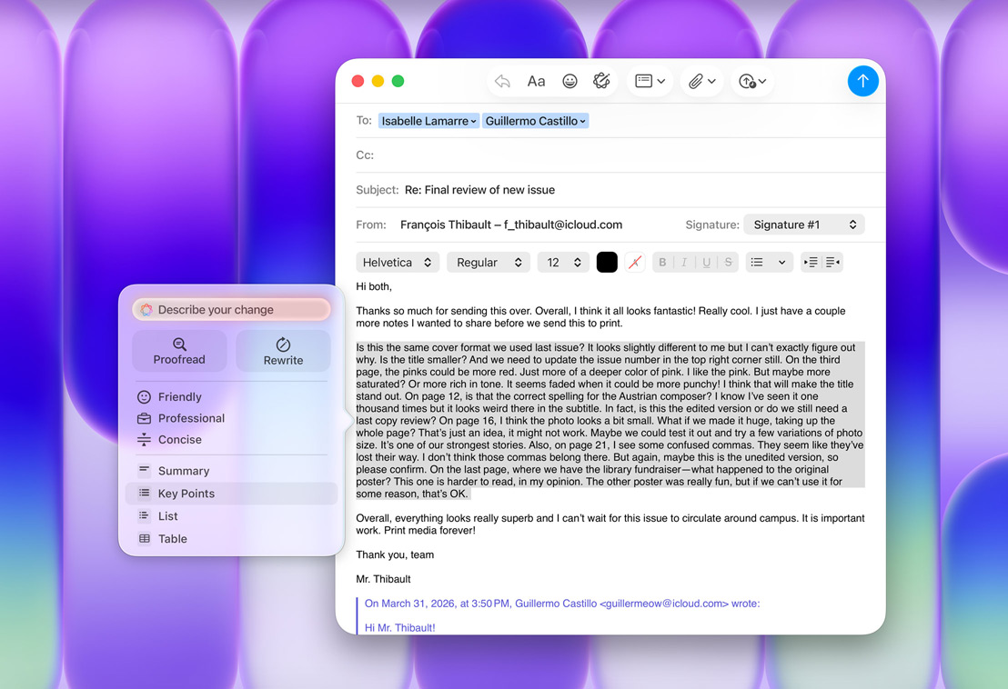 Mail-appen med panel med Apple Intelligence-skriveværktøjer, hvor muligheden Vigtigste punkter er fremhævet