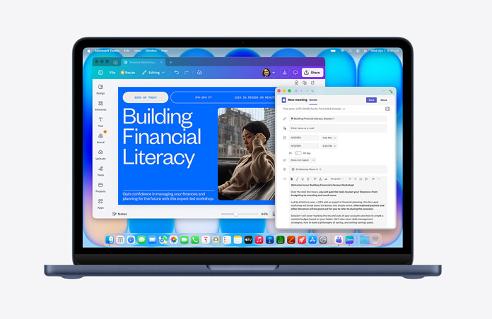 MacBook Neo i farven midnat viser en webside med titlen “Building Financial Literacy” med et billede af en person, et udkast til en mail, en række med forskellige symboler og Dock nederst med appikoner