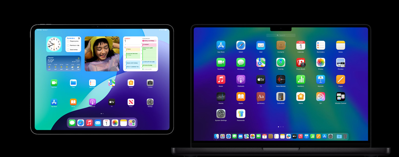 Un iPad y un Mac muestran varios iconos de aplicaciones. El iPad muestra varios widgets, incluyendo Calendario, Tiempo y Fotos.