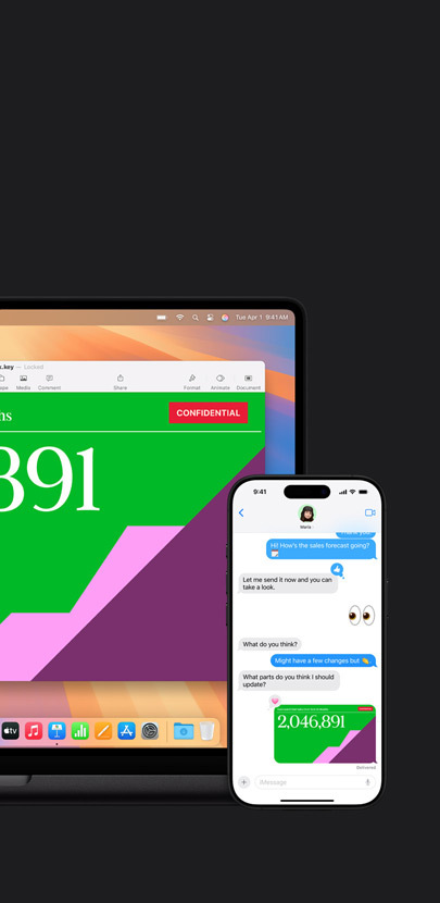 Un Mac muestra una presentación. Delante del Mac hay un iPhone con una conversación y la presentación compartida.