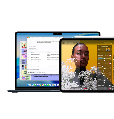 En Mac-skärm som visar Apple Intelligence, en iPad-skärm som visar Pixelmator Pro