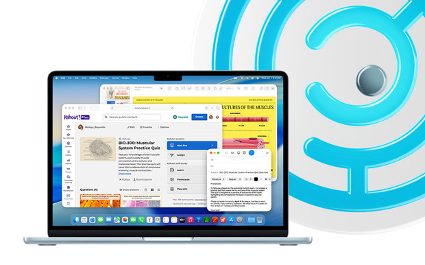 En åben MacBook i farven himmelblå viser uddannelsesindhold i Keynote, Mail og Safari med Kahoot!, herunder “BIO-200 Muscular System Practice Quiz”