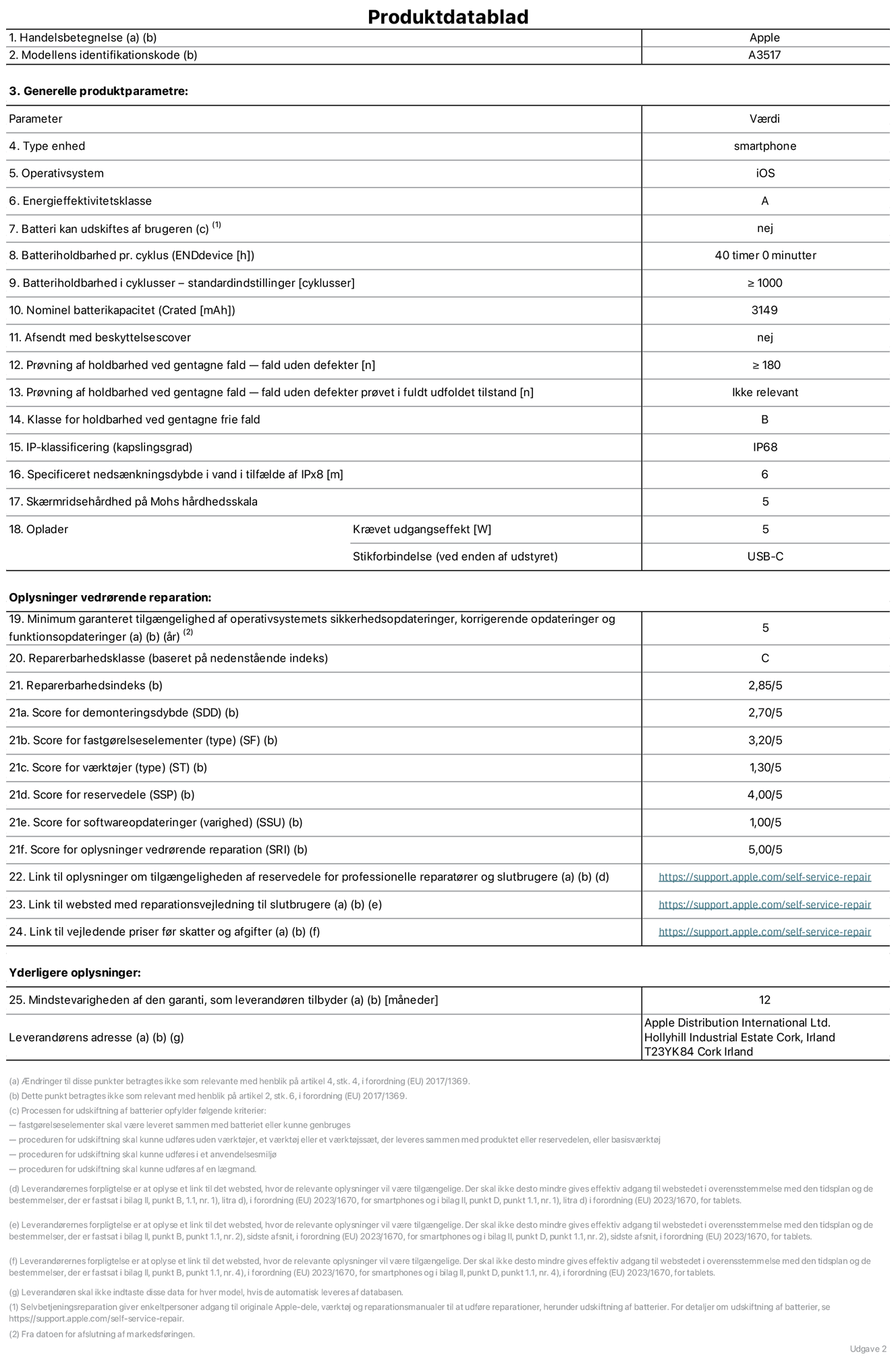 Produktdatablad til iPhone Air, model A3517. Leveret af Apple Distribution International Limited, Hollyhill Industrial Estate. Cork, Irland, T23 YK84. Enhedstype: smartphone. Styresystem: iOS. Energieffektivitetsklasse: A. Batteri kan udskiftes af brugeren: nej. Batteritid pr. cyklus: 40 timer. Batterilevetid i cyklusser – standardindstillinger: ≥ 1000. Nominel batterikapacitet: 3149 mAh. Leveres med beskyttelsescover: nej. Holdbarhedstest ved gentagne fald – fald uden defekt: ≥ 180. Holdbarhedstest ved gentagne fald – fald uden defekt testet i fuldt udfoldet tilstand: ikke relevant. Holdbarhedsklasse ved gentagne fald: B. Kapslingsklasse: IP68. Angivet nedsænkningsdybde i vand ved IPx8: 6 meter. Skærmens ridsefasthed på Mohs' hårdhedsskala: 5. Påkrævet udgangseffekt for oplader: 5 watt. Opladerstiktype (på enheden): USB-C. Garanteret minimumsperiode for tilgængelighed af sikkerhedsopdateringer, fejlrettelser og funktionsopdateringer til styresystemet: 5 år. Reparerbarhedsklasse: C. Reparationsindeks: 2,85/5. Score for demonteringsdybde (SDD): 2,70/5. Score for fastgørelseselementer: 3,20/5. Score for værktøj: 1,30/5. Score for reservedele: 4,00/5. Score for softwareopdateringer: 1,00/5. Score for reparationsoplysninger: 5,00/5. Weblink til oplysninger om tilgængeligheden af reservedele for professionelle reparatører og slutbrugere: https://support.apple.com/da-dk/self-service-repair. Weblink til vejledning i reparation for slutbrugere: https://support.apple.com/da-dk/self-service-repair. Weblink til vejledende priser før skatter og afgifter: https://support.apple.com/da-dk/self-service-repair. Produktet er omfattet af 12 måneders garanti.