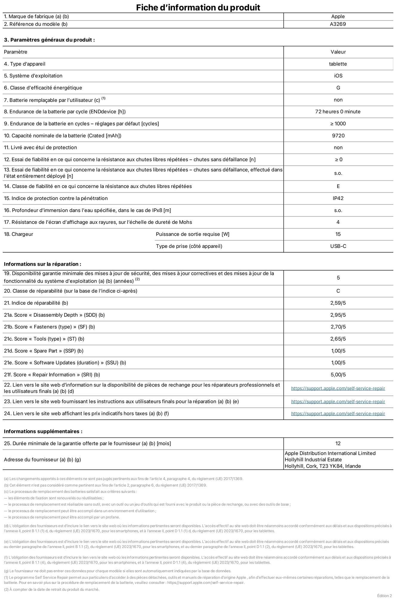 Fiche d’informations produit de l’iPad Air  13 pouces Wi‑Fi + Cellular, modèle A3269. Fournie par Apple UK Ltd, 100 New Bridge Street, Londres EC4V 6JA. Type d’appareil : tablette. Système d’exploitation : iOS. Classe d’efficacité énergétique en plage dynamique standard : G. Endurance de la batterie : 72 heures. Endurance de la batterie en cycles : ≥ 1000. Capacité nominale de la batterie : 9 720 mAh. Essai de fiabilité en ce qui concerne la résistance aux chutes libres répétées – chutes sans défaillance : ≥ 0. Classe de fiabilité en ce qui concerne la résistance aux chutes libres répétées : E. Indice de protection contre la pénétration : IP42. Résistance de l’écran d’affichage aux rayures sur l’échelle de dureté de Mohs : 4. Puissance de sortie requise du chargeur : 15 W. Type de prise : USB‑C. Disponibilité garantie minimale des mises à jour de sécurité, des mises à jour correctives et des mises à jour de la fonctionnalité du système d’exploitation : 5 ans. Classe de réparabilité : C. Indice de réparabilité : 2,59/5. Score pour la profondeur de désassemblage : 2,95/5. Score pour les éléments de fixation (type) : 2,70/5. Score pour les outils : 2,65/5. Score pour les pièces de rechange : 1,00/5. Score pour les mises à jour logicielles : 1,00/5. Score pour les informations de réparation : 5,00/5. Lien vers le site web d’information sur la disponibilité des pièces de rechange pour les réparateurs professionnels et les utilisateurs finaux : https://support.apple.com/self-service-repair. Lien vers le site web fournissant les instructions aux utilisateurs finaux pour la réparation : https://support.apple.com/self-service-repair. Lien vers le site web affichant les prix indicatifs hors taxes : https://support.apple.com/self-service-repair. Garantie générale de 12 mois offerte.