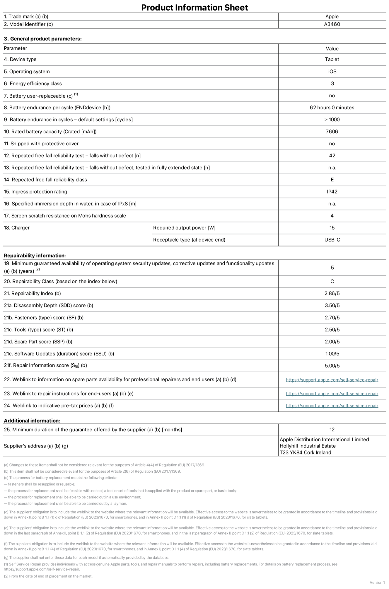Product information sheet for 11-inch iPad Air Wi‑Fi + Cellular, model A3460. Supplied by Apple Distribution International Limited, Hollyhill Industrial Estate. Cork, Ireland, T23 YK84. Device type: tablet. Operating system: iOS. Energy efficiency class: G. Battery user-replaceable: no. Battery endurance per cycle: 62 hours. Battery endurance in cycles — default settings: greater than or equal to 1,000. Rated battery capacity: 7606 milliampere-hours. Shipped with protective cover: no. Repeated free fall reliability test - falls without defect: 42. Repeated free fall reliability test — falls without defect tested in fully extended state: not applicable. Repeated free fall in reliability class: E. Ingress protection rating: IP42. Specified immersion depth in water, in case of iPx8: not applicable. Screen scratch resistance on Mohs hardness scale: 4. Charger required output power: 15 watts. Charger receptacle type (at device end): USB‑C. Minimum guaranteed availability of operating system security updates, corrective updates and functionality updates: 5 years. Repairability class: C. Repairability index: 2.86/5. Disassembly Depth (SDD) score: 3.50/5. Fasteners score: 2.70/5. Tools score: 2.50/5. Spare part score: 2.00/5. Software updates score: 1.00/5. Repair information score: 5.00/5. Weblink to information on spare parts availability for professional repairers and end-users: https://support.apple.com/self-service-repair. Weblink to repair instructions for end-users: https://support.apple.com/self-service-repair. Weblink to indicative pre-tax prices: https://support.apple.com/self-service-repair. 12 month general guarantee offered.