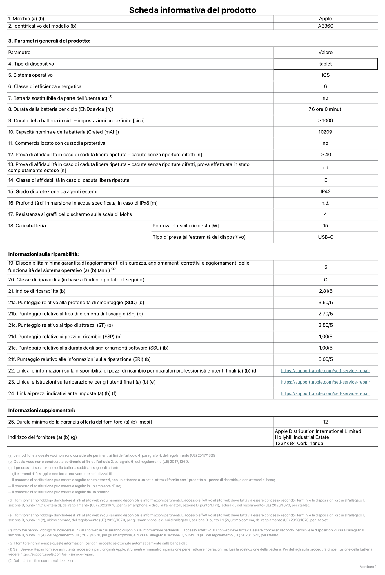 Scheda informativa del prodotto per iPad Pro 13 pollici M5 Wi-Fi, modello A3360. Fornito da Apple Distribution International Limited, Hollyhill Industrial Estate, T23 YK84, Cork, Irlanda. Tipo di dispositivo: tablet. Sistema operativo: iOS. Classe di efficienza energetica: G. Batteria sostituibile da parte dell’utente: no. Durata della batteria per ciclo: 76 ore. Durata della batteria in cicli (impostazioni predefinite): maggiore o uguale a 1000. Capacità nominale della batteria: 10.209 milliampere-ora. Commercializzato con custodia protettiva: no. Prova di affidabilità in caso di caduta libera ripetuta (cadute senza riportare difetti): maggiore o uguale a 40. Prova di affidabilità in caso di caduta libera ripetuta (cadute senza riportare difetti, prova effettuata in stato completamente esteso): non disponibile. Classe di affidabilità nel caso di caduta libera ripetuta: E. Grado di protezione da agenti esterni: IP42. Profondità di immersione in acqua specificata, in caso di IPx8: non applicabile. Resistenza ai graffi dello schermo sulla scala di Mohs: 4. Potenza di uscita richiesta per il caricabatterie: 15W. Tipo di presa per il caricabatterie (all’estremità del dispositivo): USB-C. Disponibilità minima garantita di aggiornamenti di sicurezza, aggiornamenti correttivi e aggiornamenti delle funzionalità del sistema operativo: 5 anni. Classe di riparabilità: C. Indice di riparabilità: 2,81 su 5. Punteggio relativo alla profondità di smontaggio (SDD): 3,50 su 5. Punteggio relativo al tipo di elementi di fissaggio: 2,70 su 5. Punteggio relativo al tipo di attrezzi: 2,50 su 5. Punteggio relativo ai pezzi di ricambio: 1,00 su 5. Punteggio relativo alla durata degli aggiornamenti software: 1,00 su 5. Punteggio relativo alle informazioni sulla riparazione: 5,00 su 5. Link alle informazioni sulla disponibilità di pezzi di ricambio per riparatori professionisti e utenti finali: https://support.apple.com/self-service-repair. Link alle istruzioni sulla riparazione per gli utenti finali: https://support.apple.com/self-service-repair. Link ai prezzi indicativi ante imposte: https://support.apple.com/self-service-repair. È prevista una garanzia generale di 12 mesi.