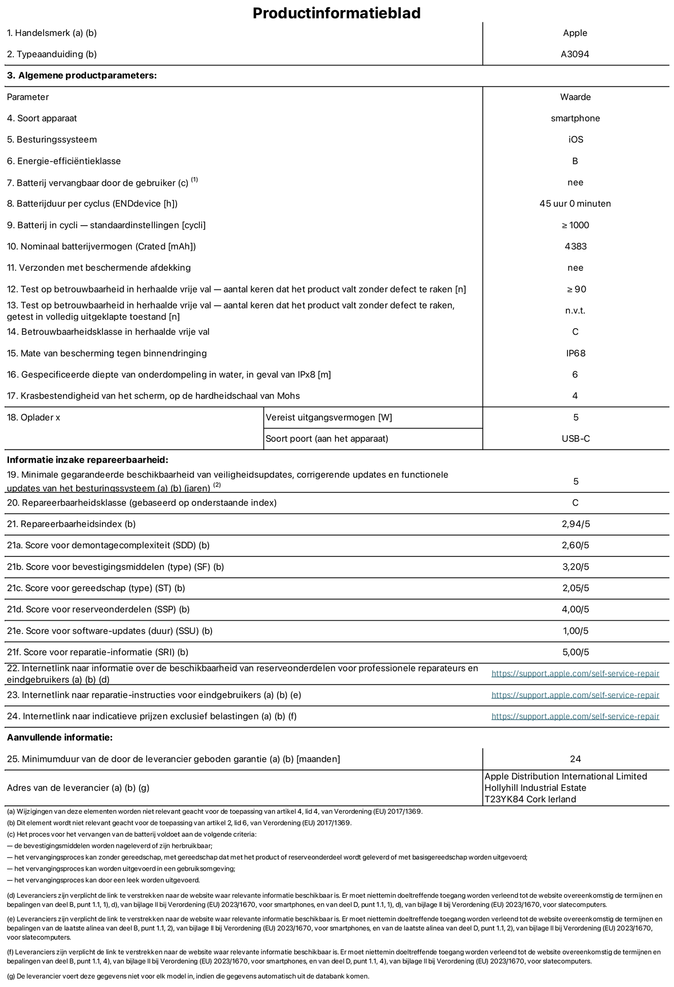 Productinformatieblad voor iPhone 15 Plus, model A3094. Verstrekt door Apple Distribution International Limited, Hollyhill Industrial Estate. Cork, Ierland T23 YK84. Type device: smartphone. Besturingssysteem: iOS. Energie-efficiëntieklasse: B. Batterij door de gebruiker te vervangen: nee. Batterijduur per cyclus: 45 uur. Batterijduur in cycli, standaardinstellingen: ≥ 1000. Nominale batterijcapaciteit: 4383 mAh. Geleverd met beschermhoes: nee. Herhaalde betrouwbaarheidstest voor vrije val, valt zonder defect: ≥ 90. Herhaalde betrouwbaarheidstest voor vrije val, valpartijen zonder defect getest in volledig verlengde staat: niet van toepassing. Herhaalde vrije val in betrouwbaarheidsklasse: C. Beschermingsklasse: IP68. Gespecificeerde dompeldiepte van water, in het geval van iPx8: 6. Krasbestendigheid van het scherm op de hardheidsschaal van Mohs: 4. Uitgangsvermogen vereist voor oplader: 5W. Type opladeraansluiting (aan het uiteinde van het apparaat): USB-C. Minimale gegarandeerde beschikbaarheid van beveiligingsupdates van het besturingssysteem, corrigerende updates en functionaliteitsupdates: 5 jaar. Herstelbaarheidsklasse: C. Herstelbaarheidsindex: 2,94/5. Score demontagediepte (SDD): 2,60/5. Score sluitingen: 3,20/5. Gereedschapsscore: 2,05/5. Reservedeelscore: 4,00/5. Score software-updates: 1,00/5. Score reparatiegegevens: 5,00/5. Weblink naar informatie over de beschikbaarheid van reserveonderdelen voor professionele reparaties en eindgebruikers: https://support.apple.com/self-service-repair. Weblink voor reparatie-instructies voor eindgebruikers: https://support.apple.com/self-service-repair. Weblink naar indicatieve prijzen vóór belasting: https://support.apple.com/self-service-repair. Inclusief 24 maanden algemene garantie.