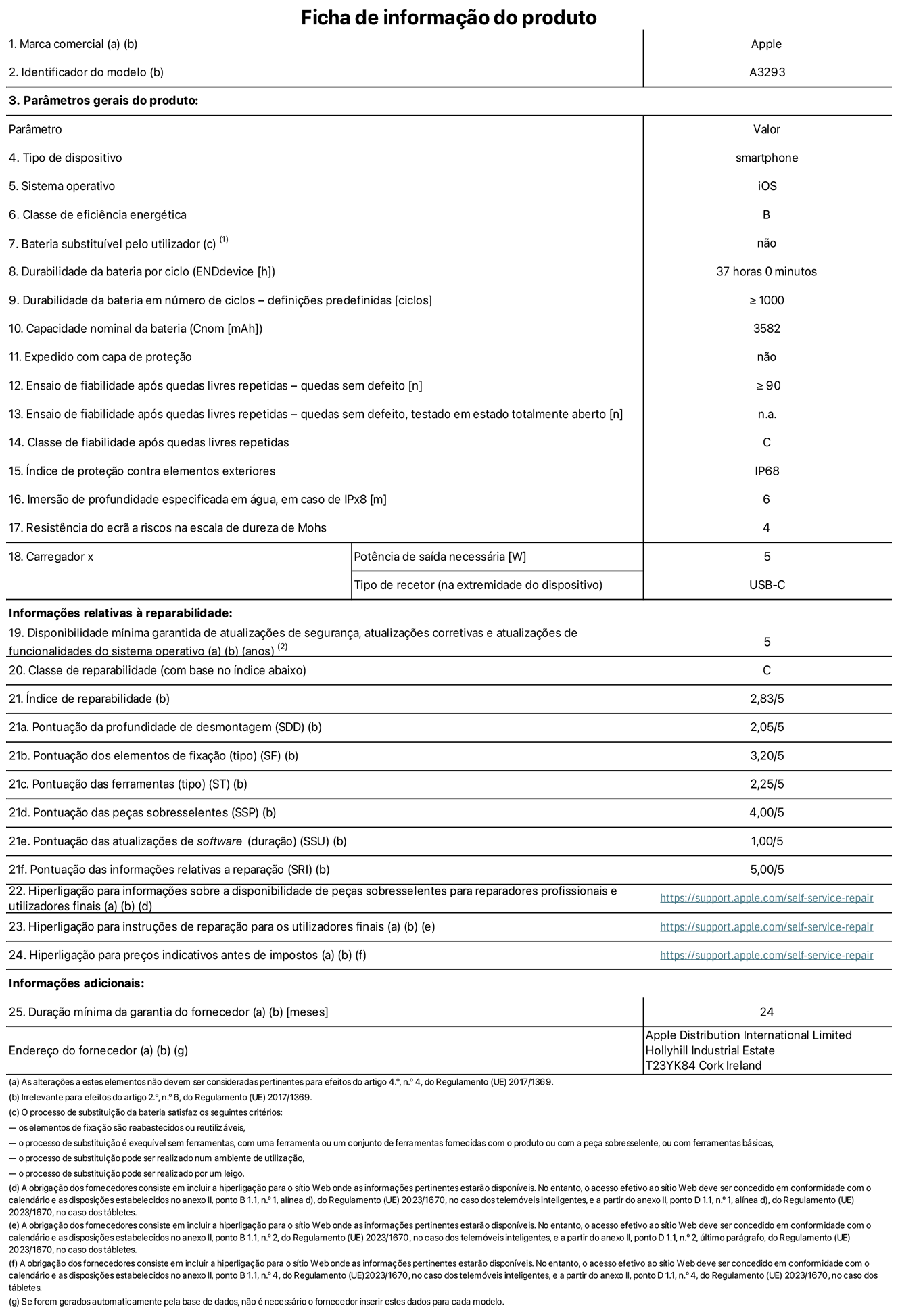Folha de informações do produto para o iPhone 16 Pro, modelo A3293. Fornecido pela Apple Distribution International Limited, Hollyhill Industrial Estate. Cork, Irlanda T23 YK84. Tipo de dispositivo: smartphone. Sistema operativo: iOS. Classe de eficiência energética: B. Bateria substituível pelo utilizador: não. Autonomia da bateria por ciclo: 37 horas. Autonomia da bateria em ciclos - pré‑configurações: ≥ 1000. Capacidade nominal da bateria: 3582 mAh. Enviado com capa protetora: não. Teste de fiabilidade após quedas livres repetidas - quedas sem defeito: ≥ 90. Teste de fiabilidade após quedas livres repetidas - quedas sem defeito testadas no estado totalmente aberto: não aplicável. Classe de fiabilidade após quedas livres repetidas: C. Índice de proteção contra elementos exteriores: IP68. Imersão de profundidade especificada em água, em caso de IPx8: 6. Resistência do ecrã a riscos na escala de dureza de Mohs: 4. Potência de saída necessária do carregador: 5 W. Tipo de recetor do carregador (na extremidade do dispositivo): USB-C. Disponibilidade mínima garantida de atualizações de segurança, atualizações corretivas e atualizações de funcionalidades do sistema operativo: 5 anos. Classe de reparabilidade: C. Índice de reparabilidade: 2,83/5. Pontuação da profundidade de desmontagem (SDD): 2,05/5. Pontuação dos elementos de fixação: 3,20/5. Pontuação das ferramentas: 2,25/5. Pontuação das peças sobresselentes: 4,00/5. Pontuação das atualizações de software: 1,00/5. Pontuação das informações relativas a reparação: 5,00/5. Hiperligação para informações sobre a disponibilidade de peças sobresselentes para reparadores profissionais e utilizadores finais: https://support.apple.com/self-service-repair. Hiperligação para instruções de reparação para utilizadores finais: https://support.apple.com/self-service-repair. Hiperligação para preços indicativos antes de impostos: https://support.apple.com/self-service-repair. Oferta de garantia geral de 12 meses.