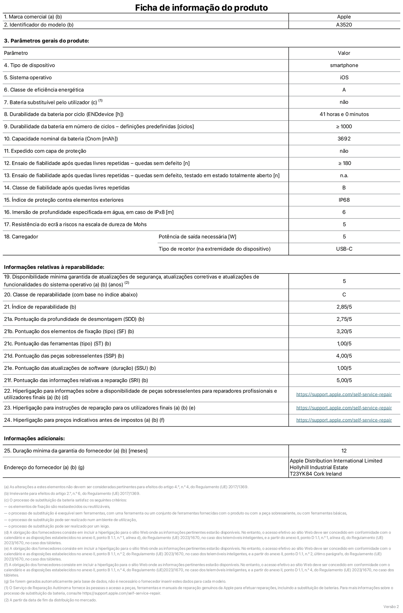 Folha de informações de produto do iPhone 17, modelo A3520. Fornecido pela Apple Distribution International Limited, Hollyhill Industrial Estate. Cork, Irlanda T23 YK84. Tipo de dispositivo: smartphone. Sistema operativo: iOS. Classe de eficiência energética: A. Bateria substituível pelo utilizador: não. Autonomia da bateria por ciclo: 41 horas. Autonomia da bateria em ciclos - pré‑configurações: número igual ou superior a 1000. Capacidade nominal da bateria: 3692 miliamperes-hora. Enviado com capa protetora: não. Teste de fiabilidade após quedas livres sucessivas - quedas sem defeito: número igual ou superior a 180. Teste de fiabilidade após quedas livres sucessivas - quedas sem defeito testadas no estado totalmente aberto: não aplicável. Classe de fiabilidade após quedas livres sucessivas: B. Índice de proteção contra elementos exteriores: IP68. Imersão de profundidade especificada em água, em caso de IPx8: 6 metros. Resistência do ecrã a riscos na escala de dureza de Mohs: 5. Potência de saída necessária do carregador: 5 watts. Tipo de recetor do carregador (na extremidade do dispositivo): USB-C. Disponibilidade mínima garantida de atualizações de segurança, atualizações corretivas e atualizações de funcionalidades do sistema operativo: 5 anos. Classe de reparabilidade: C. Índice de reparabilidade: 2,82/5. Pontuação da profundidade de desmontagem (SDD): 2,75/5. Pontuação dos elementos de fixação: 3,20/5. Pontuação das ferramentas: 1,00/5. Pontuação das peças sobresselentes: 4,00/5. Pontuação das atualizações de software: 1,00/5. Pontuação das informações relativas a reparação: 5,00/5. Hiperligação para informações sobre a disponibilidade de peças sobresselentes para reparadores profissionais e utilizadores finais: https://support.apple.com/pt-pt/self-service-repair. Hiperligação para instruções de reparação para utilizadores finais: https://support.apple.com/pt-pt/self-service-repair. Hiperligação para preços indicativos antes de impostos: https://support.apple.com/pt-pt/self-service-repair. Oferta de garantia geral de 12 meses.