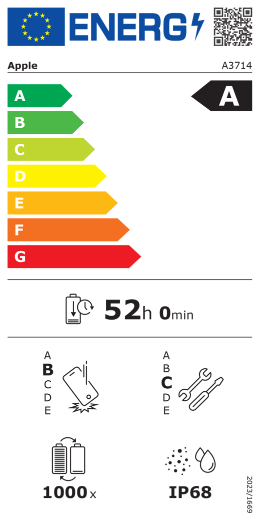 EU-Energielabel, QR Code und Informationen, Apple Modell A3714, Klasse A, Energieeffizienzklassen (auf einer Skala von A bis G), A (am effizientesten) bis G (am wenigsten effizient), Batterielaufzeit pro Zyklus, 52 Std. und 0 Min. pro voller Batterieladung, Sturzfestigkeit Klasse B für wiederholten freien Fall, A (am robustesten) bis E (am wenigsten robust), Reparierbarkeit der Klasse C, A (am besten reparierbar) bis E (am wenigsten reparierbar), Batterielebensdauer 1.000 Ladezyklen, Schutzart gegen Eindringen von Staub und Wasser (IP) IP68, Verordnung 2023/1669.
