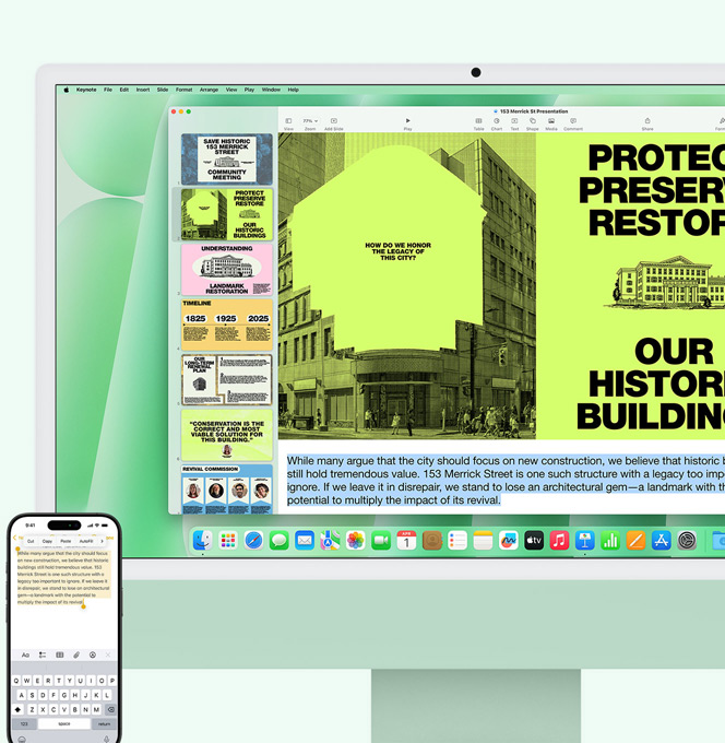Grøn iMac og iPhone side om side. Tekst fra appen Noter på iPhone kopieres og indsættes på iMac