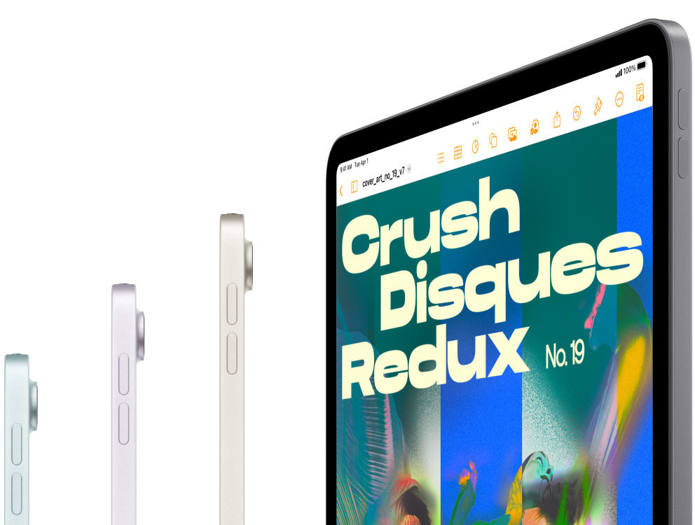 Side view of three iPad Air models, a fourth iPad Air is showcasing iPadOS Pages.