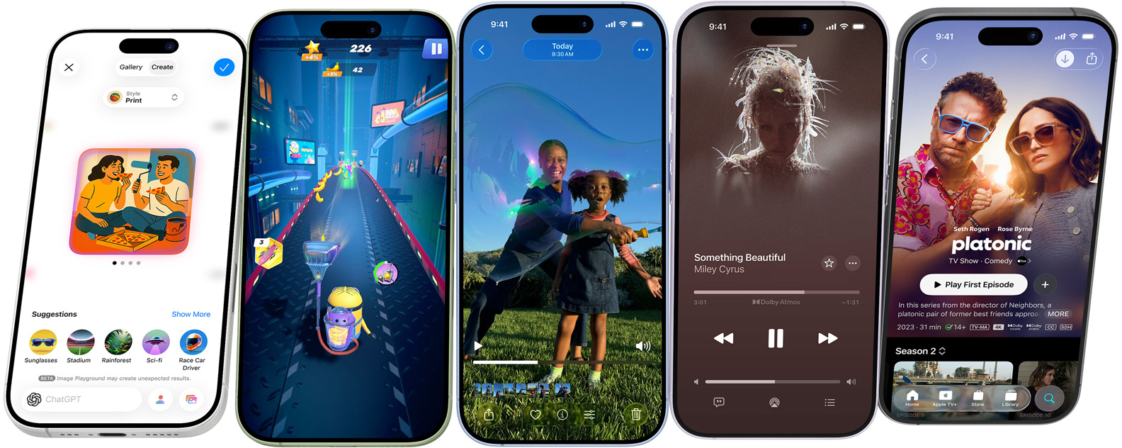 iPhone 17-enheter roterer i vertikal stilling, stopper på skjermer som viser iPhone-funksjoner