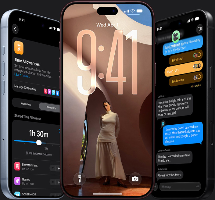 Siri AI - iPhone 18 Pro on the left, angled, Glacier color showing Siri image generation; iPhone 18 Pro Burgundy in the center, displaying a lock screen; iPhone 18 Pro on the right, black, angled, showing an Ask Siri query about complementary tablecloth covers
