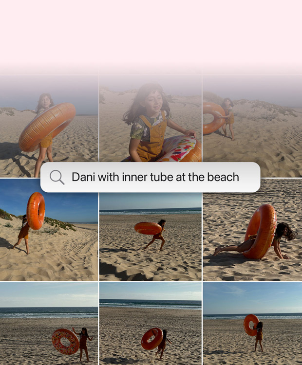 Funktionsdemonstration: Sök efter bilder med naturligt språk. Sökförfrågan i appen Bilder med resultat av frasen ”Katie med klistermärken i ansiktet” 