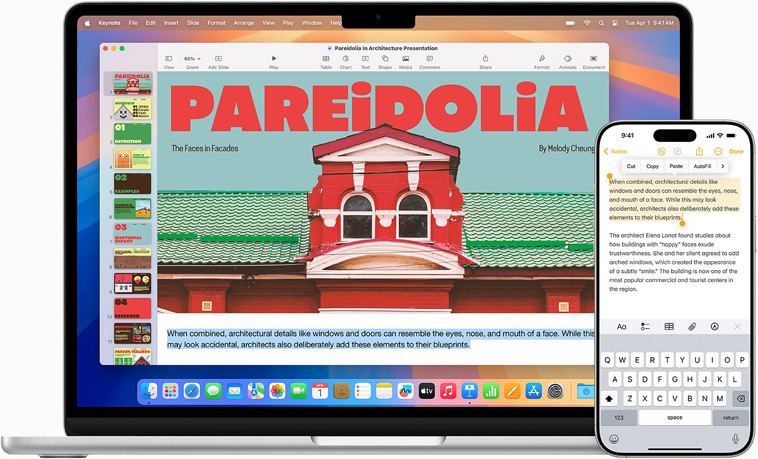 Démonstration de l’app Recopie de l’iPhone, avec l’écran de l’iPhone affiché sur un MacBook Air