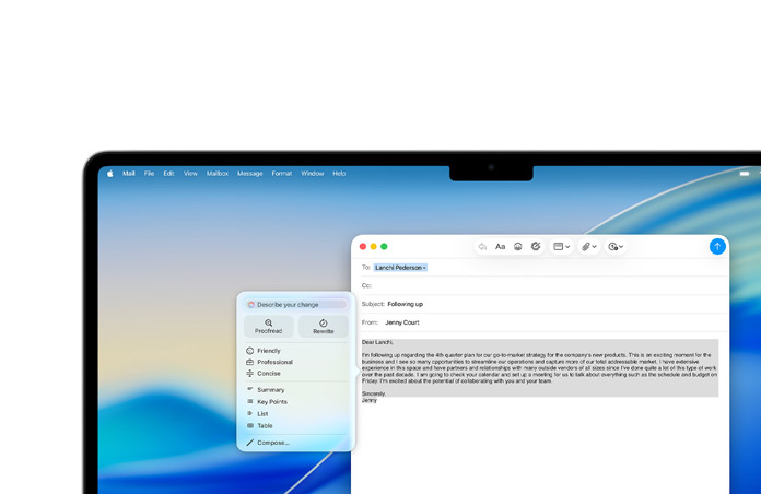 MacBook Airin näytöllä kirjoitetaan sähköpostiviestiä Apple Intelligencen kirjoitustyökaluilla