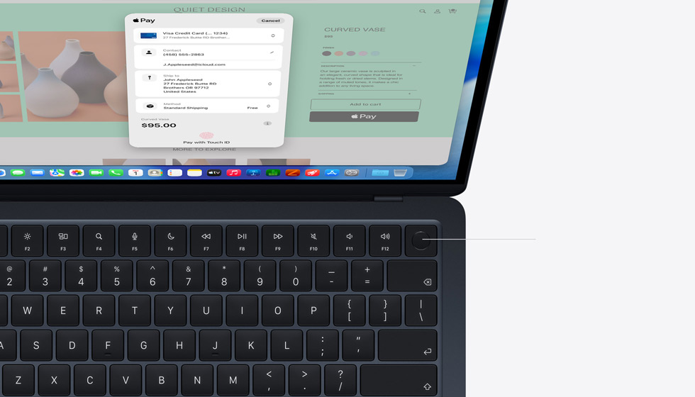 Plasseringen til Touch ID-knappen vises på en åpen MacBook Air.