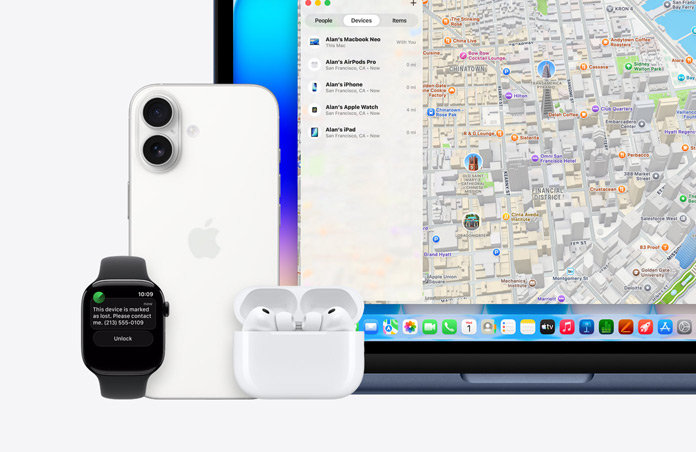 Apple Watch, der Text auf dem Display lautet „Dieses Gerät ist als verloren markiert. Bitte kontaktiere mich.“ mit Telefonnummer, daneben das iPhone, die AirPods Pro und das MacBook Neo, Farbe Indigo, das Display zeigt die „Wo ist?“ App mit Karte und Liste von Geräten mit ihren Standorten