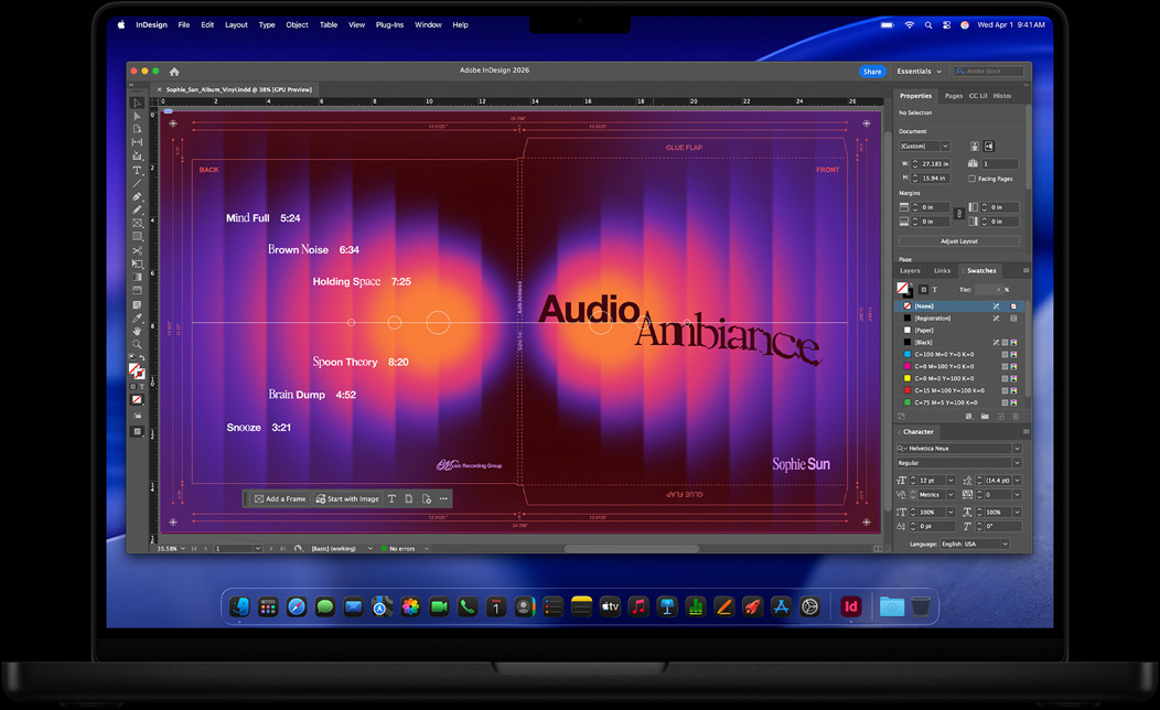 Scherm van een MacBook Pro met Adobe InDesign, waarin de hoes van een vinylplaat wordt ontworpen