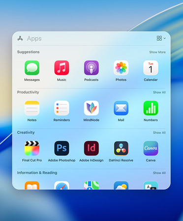 Søkemenyen i Spotlight viser apper med filter for kategori: Verktøy, Sosialt, Produktivitet og finans, Underholdning og Informasjon og lesing