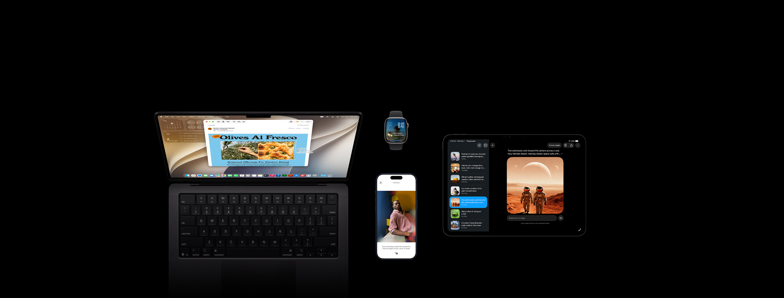 Vier producten, waaronder iPhone 17 Pro, Diepblauw, met een door Siri AI gegenereerde update van de agenda, Apple Watch Series 11, 46 mm Spacegrijs, waarop Siri gloeit met draaiende lichten, 14-inch MacBook Pro, Spacezwart, met een demo van Visuele Intelligentie met een screenshot van een focaccia met olijven uit een e-mail en een vraag aan Siri over de afbeelding, en iPad Pro 11, Spacezwart, met de Siri-app die een actief Siri AI-gesprek weergeeft plus eerdere gesprekken in de navigatiekolom
