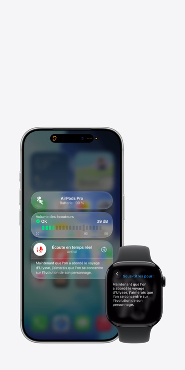 Écran d’iPhone 17 Pro affichant une session d’Écoute en temps réel active avec la transcription de l’audio capturé et écran d’Apple Watch Series 11 affichant les Sous-titres en direct du même audio