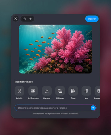 Fenêtre Générer une image, image d’un récif corallien coloré, outils de retouche d’image, bouton Insérer, barre de description des retouches en bas