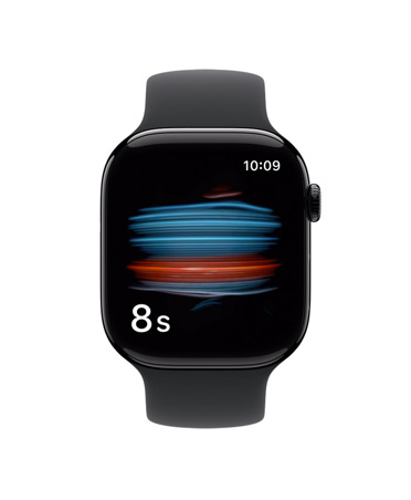 Apple Watch Series 11, boîtier en aluminium, noir de jais poli, app Santé en train de mesurer le taux d’oxygène sanguin, Bracelet Sport, noir
