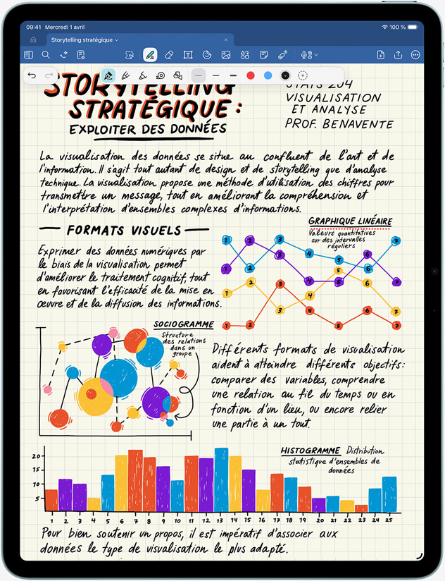 iPad Air en mode portrait, notes et images à l’écran