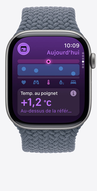 Apple Watch Series 11,  titanium case, slate color, Vitals app, chart scoring health, wrist temperature above baseline notification, right side, Digital Crown, anchor blue Braided Solo Loop