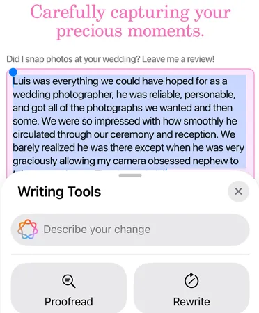 Writing Tools feature in use with options Proofread, Rewrite, Friendly, Professional, and Concise