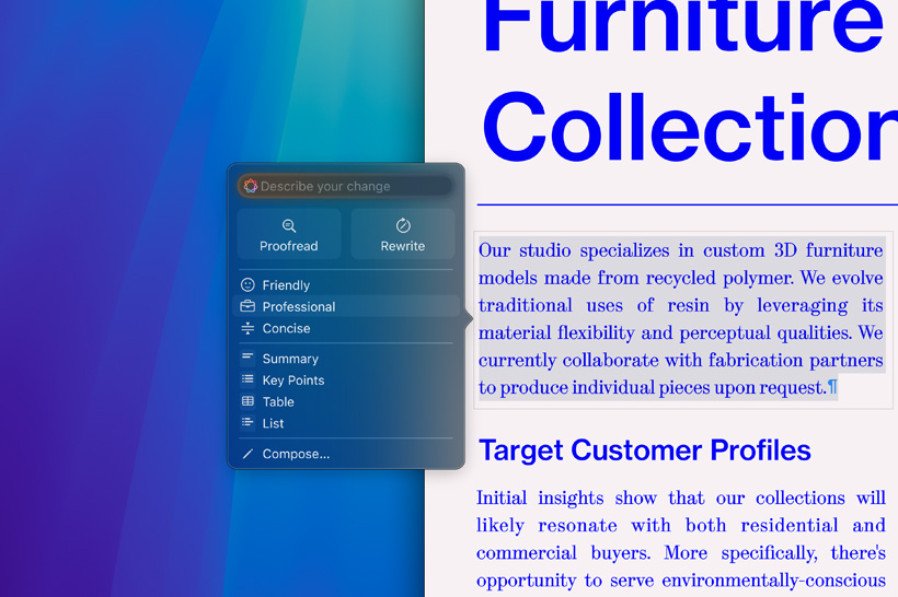 Apple Intelligence Writing Tools summarizing an academic paper