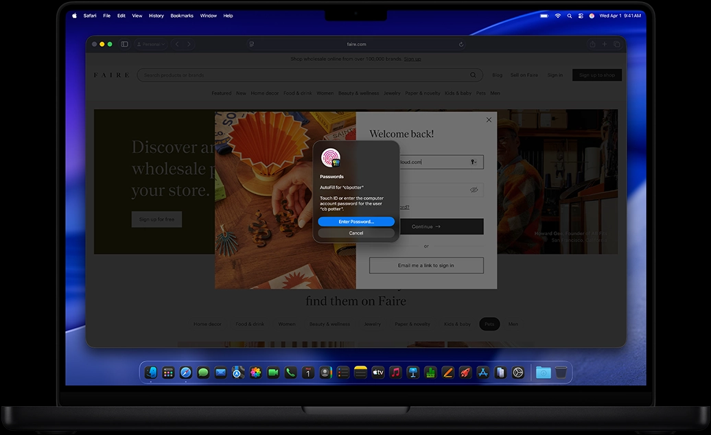 While browsing in Safari, a user is prompted to use Touch ID to sign in to a website