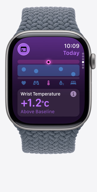 Apple Watch Series 11, aluminum case, space gray color, Vitals app, chart scoring health, wrist temperature above baseline notification, right side, Digital Crown, anchor blue Braided Solo Loop