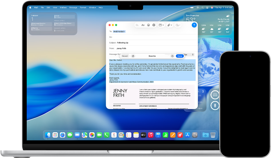 Egy Macen az Íráseszközök funkció látható, egy iPhone-on pedig üzenetek az Élő fordítással