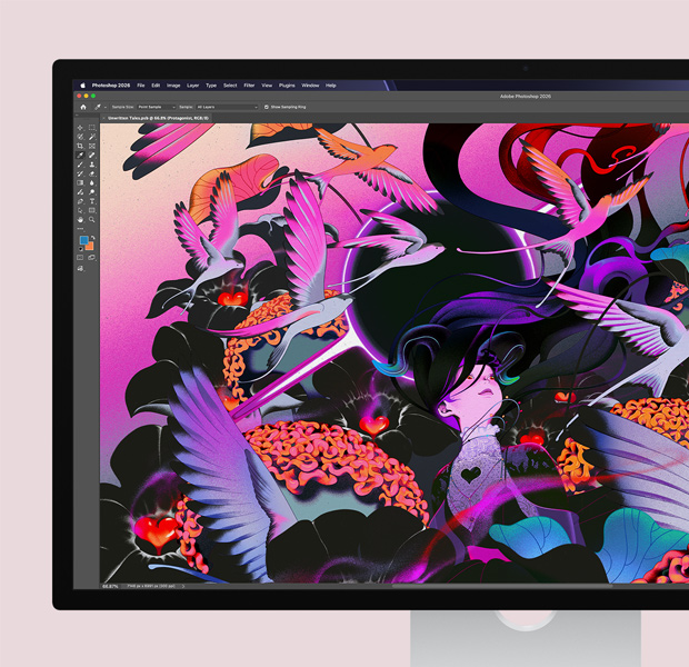 Studio Display, Adobe Photoshop szerkesztőszoftver, absztrakt művészi illusztráció a kijelzőn