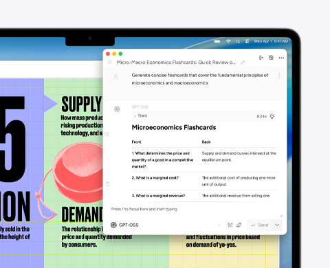 Egy MacBook Airen az Apple Intelligence Íráseszközök funkciójával készítenek mikro- és makrökonómiai tanulókártyákat
